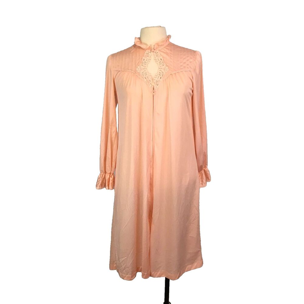 Womens Vintage Peach Midi Zip Front Robe, Keyhole Lace Ruffle‎ Neck, 38 Bust
